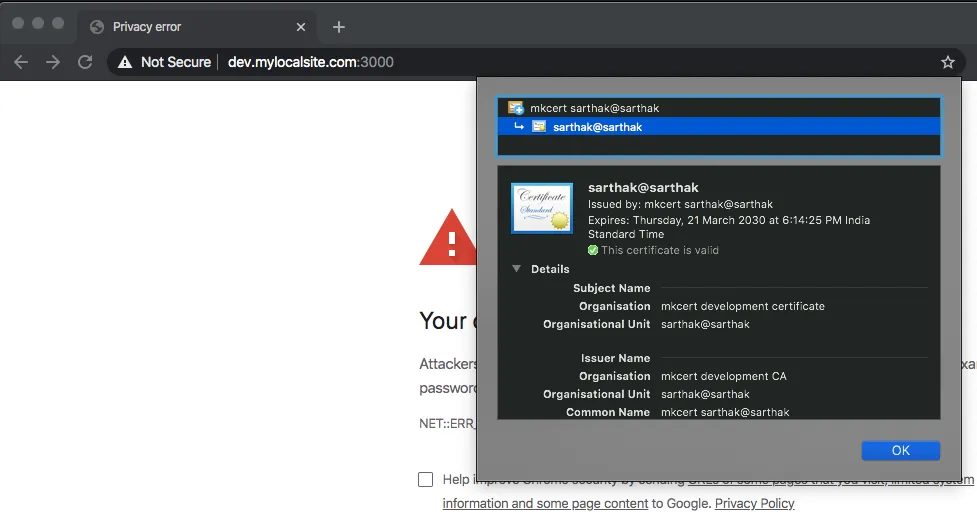 Self-signed certificate for dev.mylocalsite.com