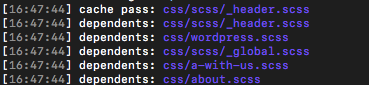 Terminal code showing just header.scss file passed by the cache and a list of dependent files derived