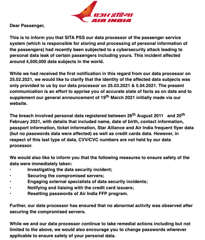 Email content sent by Air India notifying the affected customers of their server hack